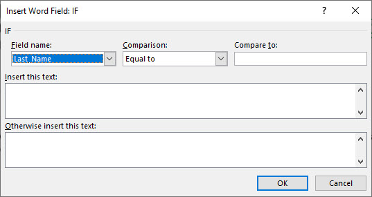 The insert word field: IF dialog box.