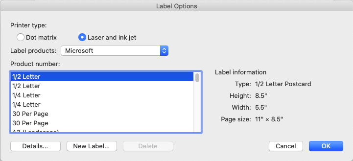 Label options dialog box