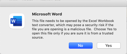 Excel security warning dialog box.