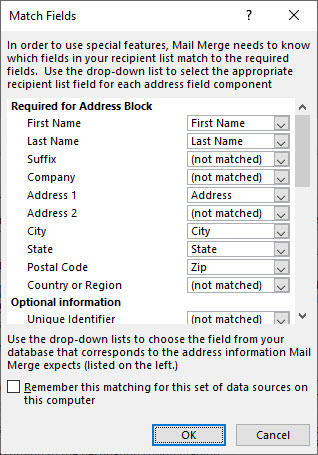 Match fields dialog box.