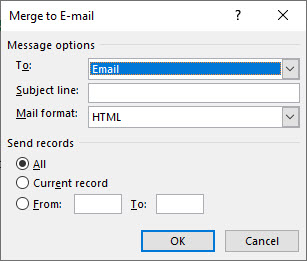 Merge to email dialog box