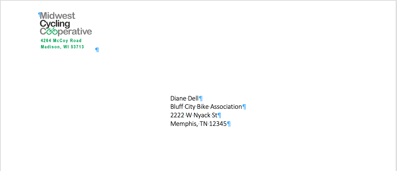 Image of the envelope with the return address graphic in the upper left corner and Diane Dell's address in the recipient address area.