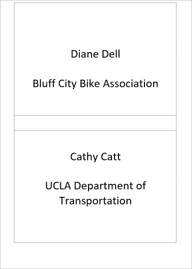 Image of the first two name tags: Diane Dell Bluff City Bike Association and Cathy Catt UCLA Department of Transportation.