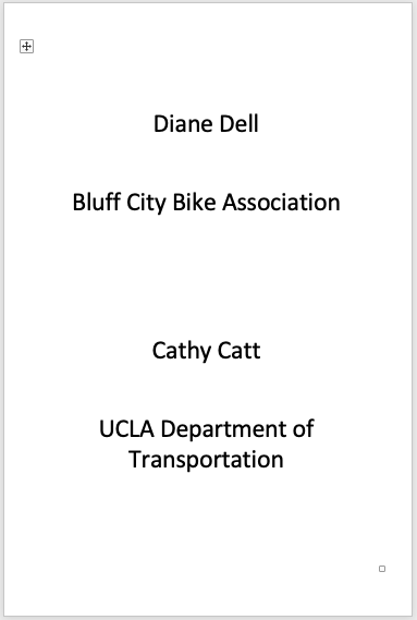 The first two name tags. Diane Dell Bluff City Bike Association and Cathy Catt UCLA Department of Transportation