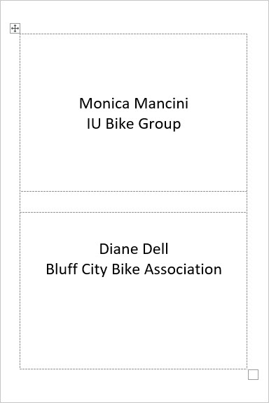 Two name tags: Monica Mancini of the IU Bike Group and Diane Dell of the Bluff City Bike Association