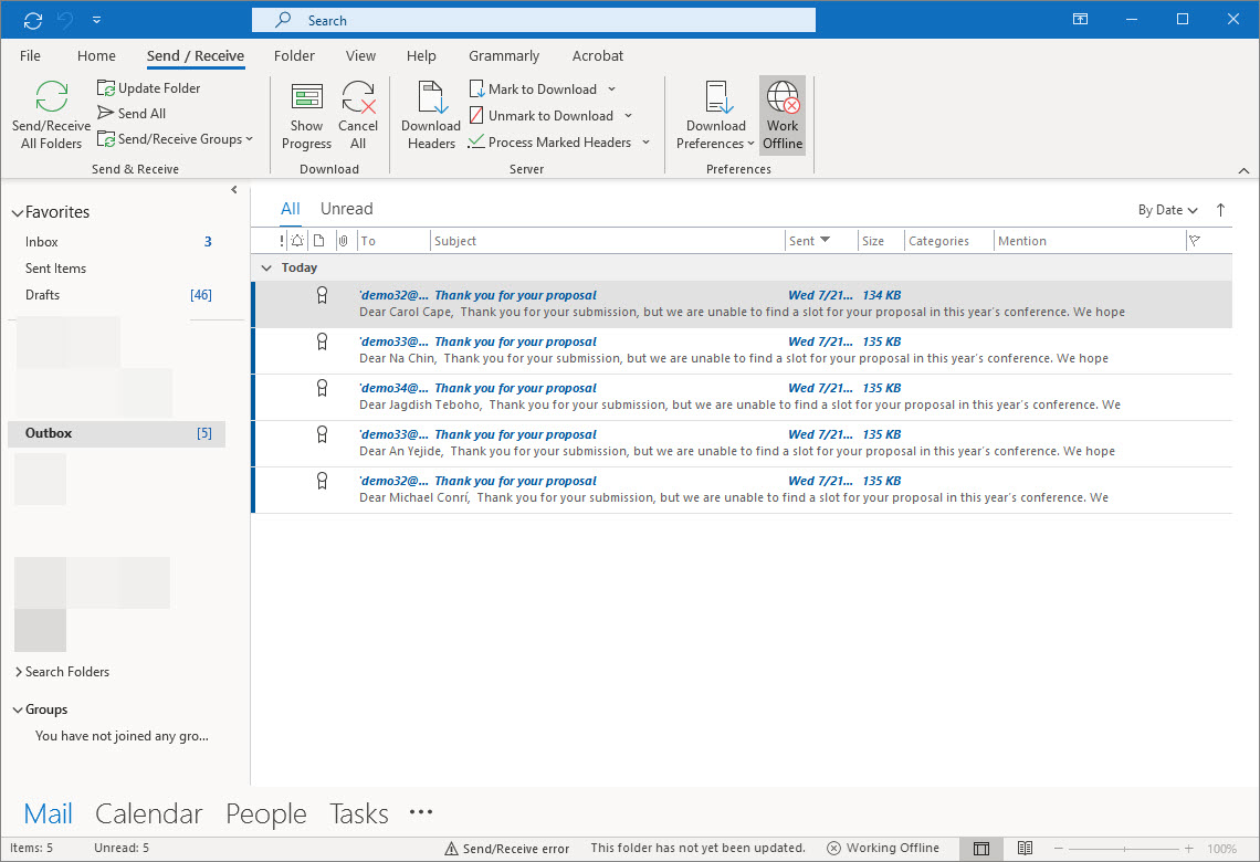 Microsoft Outlook outbox. There are five email messages in the outbox.