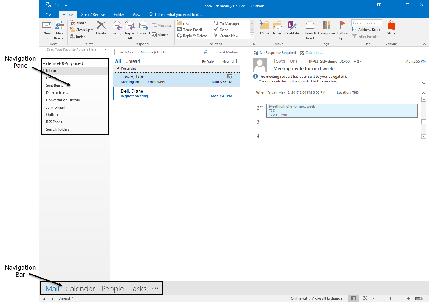 Image of the Outlook default Inbox view