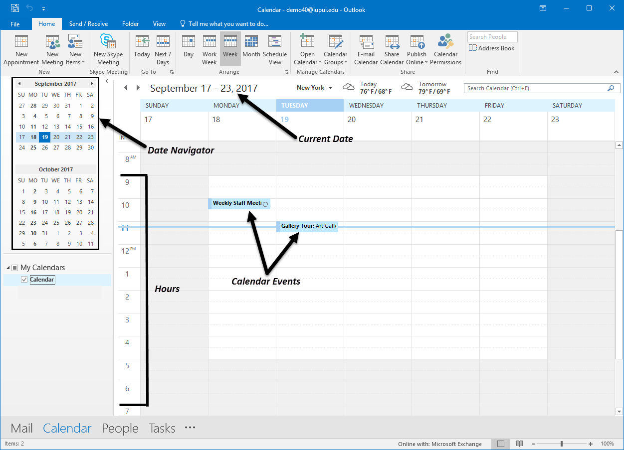 Image of the calendar with black arrows pointing towards Date Navigator, Current Date, Hours, and Calendar Events.