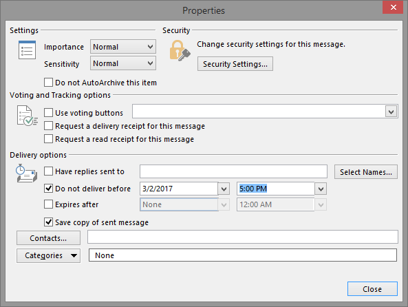 The Properties dialog box with the following sections: Settings; Security; Voting and Tracking Options; and Delivery options.