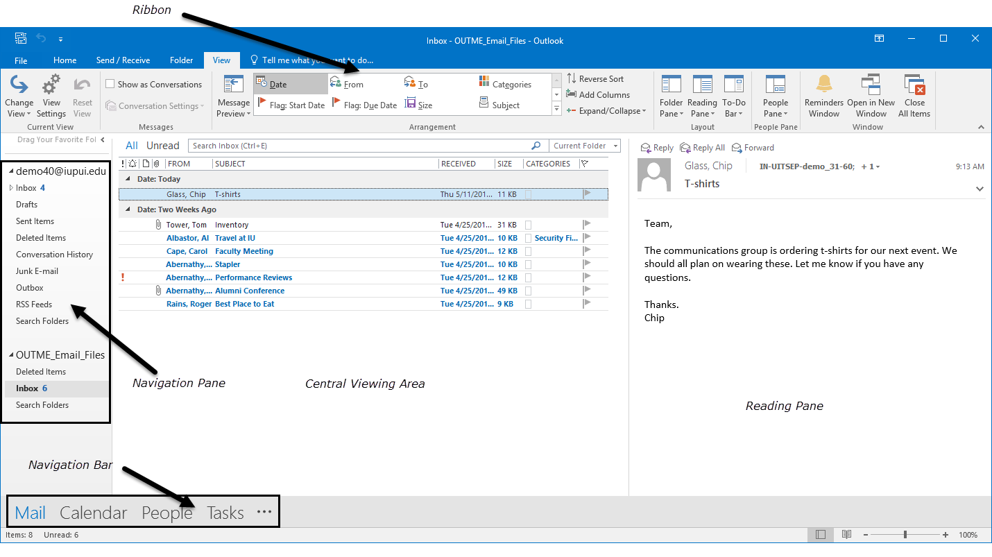 Outlook opening screen with arrows pointing to the Ribbon, Reading pane, Central Viewing Area, Navigation pane, and Navigation bar