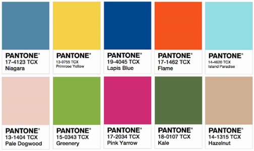 Swatches of a variety of Pantone colors, with their color codes listed.