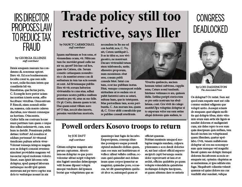 The same newspaper layout featured previously, but with borders separating the articles. The main article has a gray background behind it.