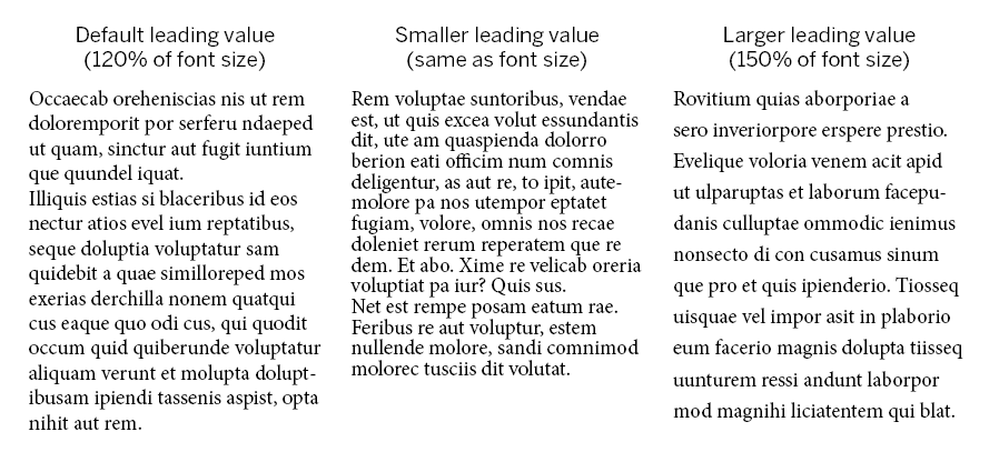 Three paragraphs, each with different amounts of leading, or line spacing. The first example shows the default amount of leading, the second example has a smaller amount of leading, and the third example has a larger amount of leading.