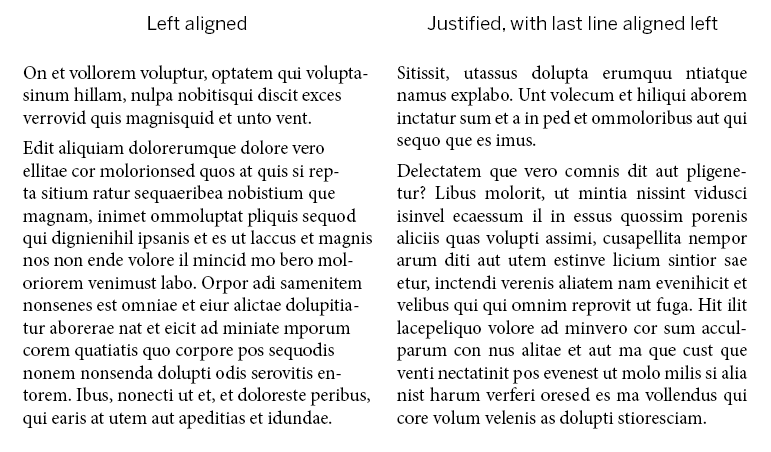 Two paragraphs of placeholder text, used to demonstrate different types of paragraph alignment. The first example is left-aligned, and the second example is fully justified with the last line aligned to the left.