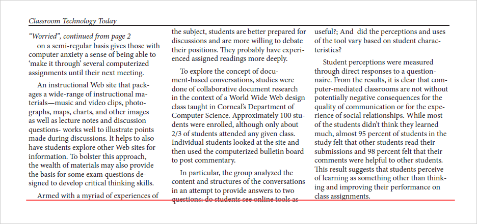 Section of a newsletter layout, with three columns of text. Each of the columns ends at a different spot on the page, and a red line across the bottom of the columns shows that the three columns end at different places on the page.