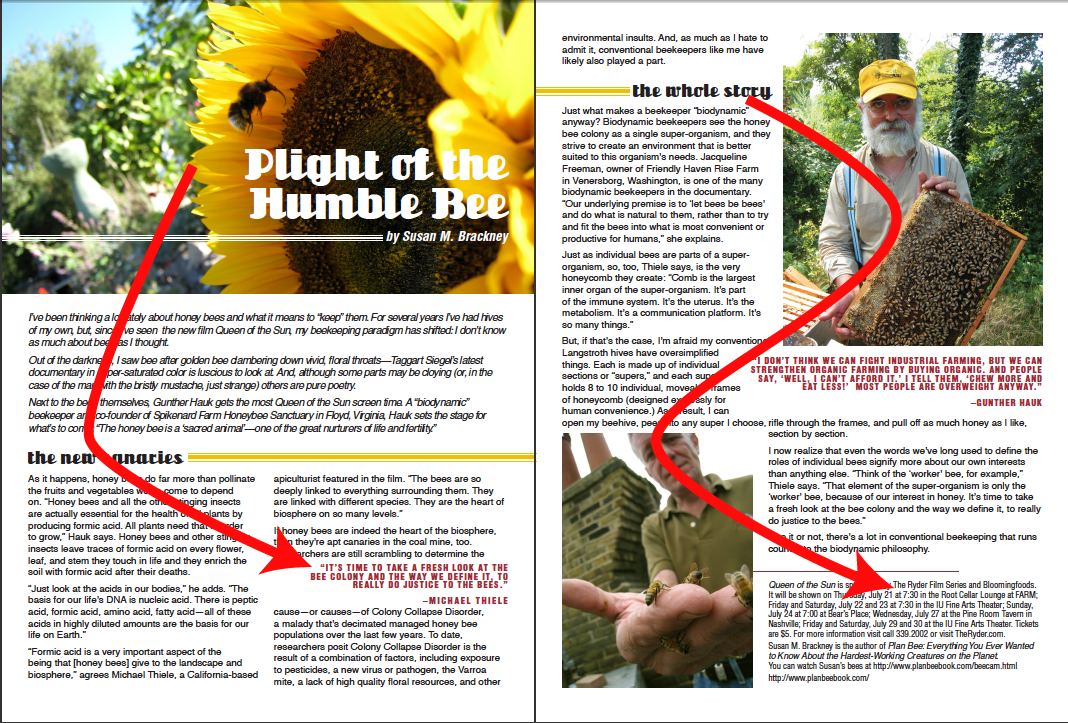 Two page magazine spread, with arrows pointing to different page elements to point out where they might lead a reader's eye.