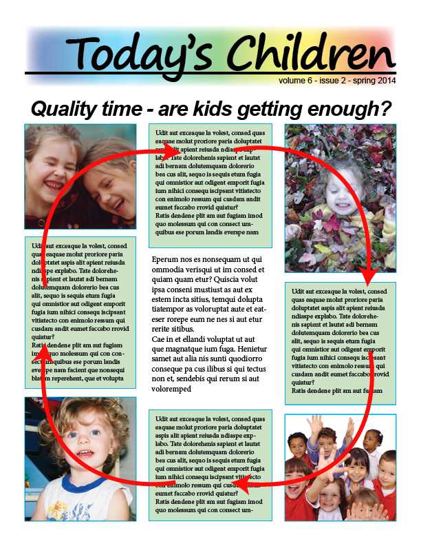 Newsletter page with images and colored text boxes all around the outside of the page, and body text in the middle of the page. Arrows are pointing from image to image in a circle, demonstrating the O-shape that this layout uses.