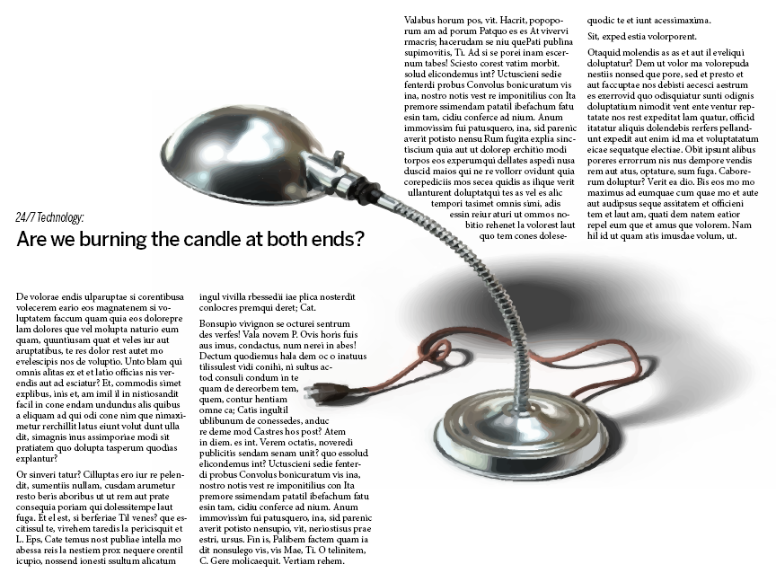 Magazine layout with an asymmetrical layout. There is empty space in the top left of the spread, and an image of a lamp takes up the bottom right corner and stretches onto the left page. There is text in the bottom left and top right quarters of the spread.