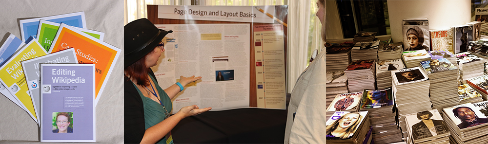 Composite image - the far left shows a stack of brochures in bright colors, the middle shows someone discussing a poster at a presentation, and the far right shows a table stacked with books.