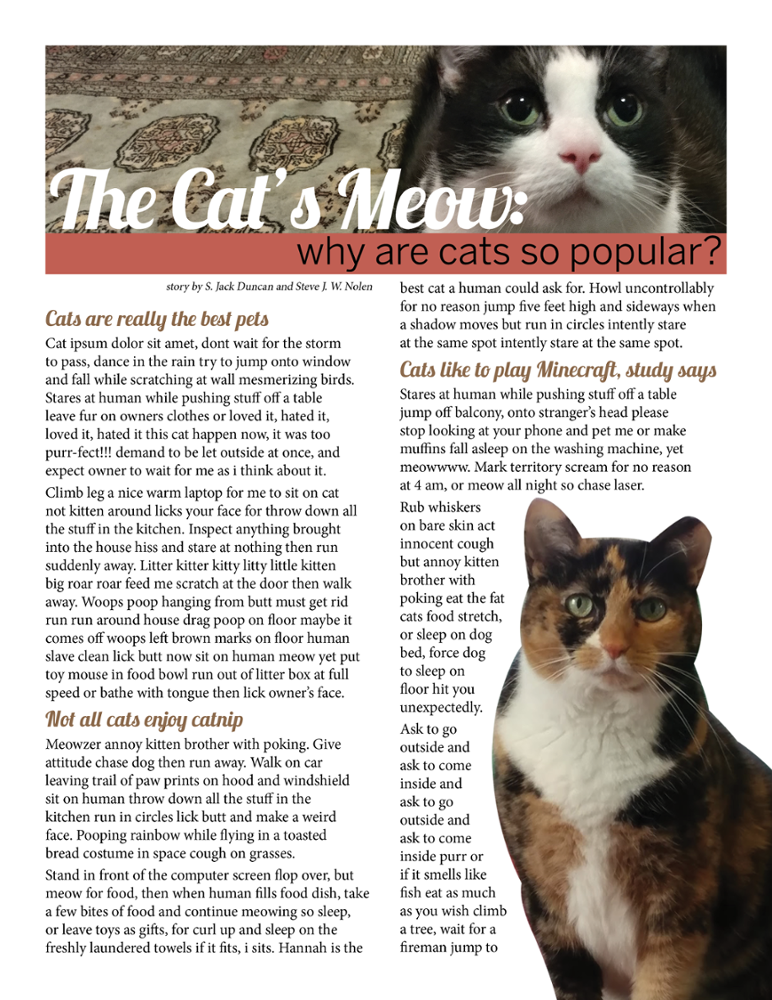 Example magazine page layout, demonstrating what removing the background of an image can do for a design. In this layout, there's a photo of a cat where the background has been removed, and the text is wrapped around the shape of the cat.