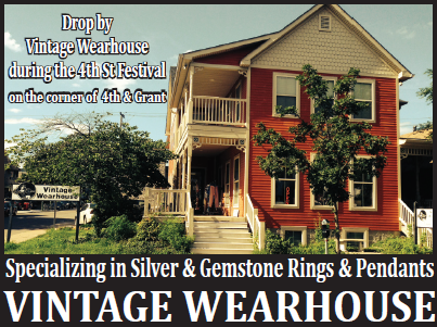 Advertisement for Vintage Wearhouse, which is a photo of the building the shop is in with large text across the bottom with the name of the shop and what they sell.