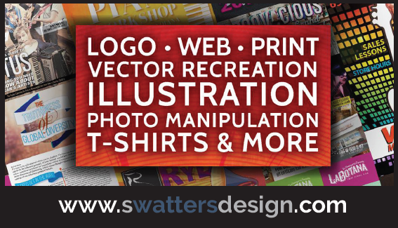 Advertisement for a graphic designer, with text over the top of a number of images that points out what the business does. The word 'illustration' is in larger print than the rest of the text on the page.