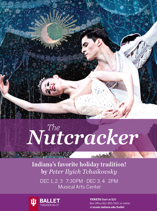 Full-page advertisement with a large image of two ballet dancers, with the text The Nutcracker in a large font overlaying the bottom part of the image. Underneath the image, in smaller text, is information about when and where the event is happening. 