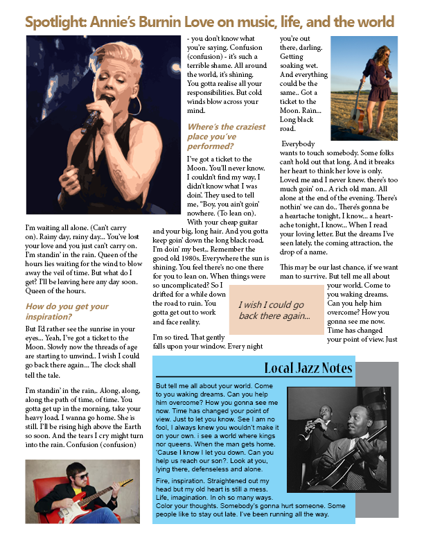 A page from a magazine, similar to the previous example, but with one image in the upper left corner larger than the rest of the images on the page. The body text has been changed in size to add contrast to heading text as well.