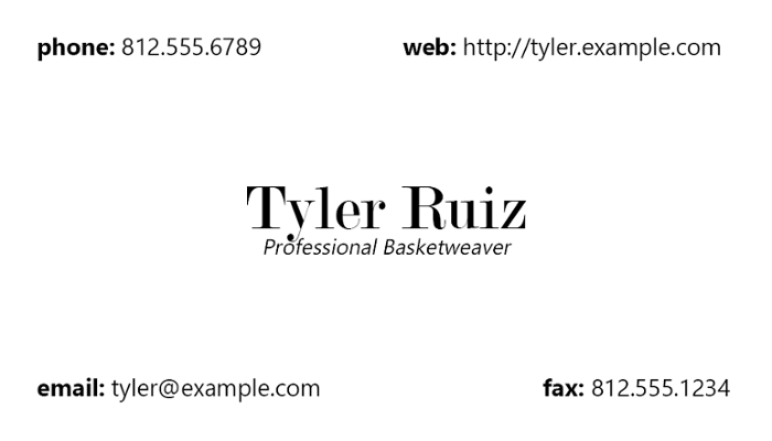 Business card, with the person's name and title in the middle of the card. Their phone number is in the upper left corner, their website is in the upper right corner, their email is in the lower left corner, and their fax number is in the lower right corner.