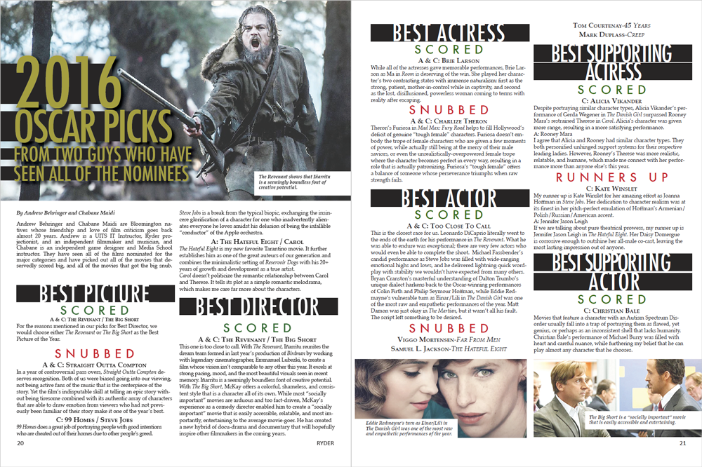 Magazine spread with an artistic font reused throughout the spread. Colors are repeated throughout the spread as well.