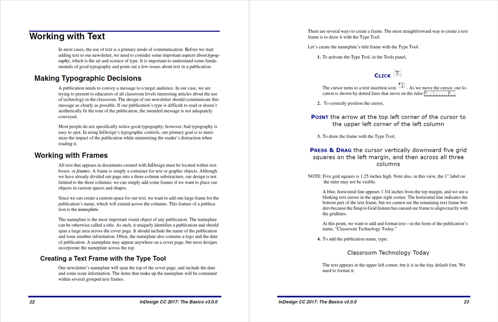 Two-page spread from a training manual. There are common fonts in use for headings and subheadings, and purple is used as an accent color as well as to emphasize tasks readers need to complete.