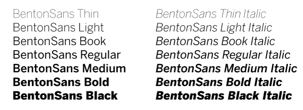 Example showing the fourteen different variants of the font Benton Sans.