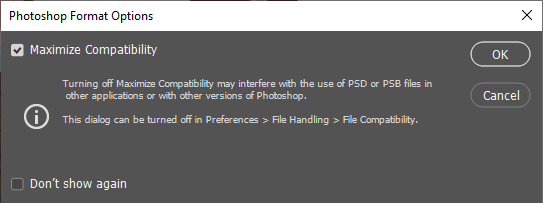 The Photoshop Format Options dialog box, showing the Maximize Compatibility option. The checkbox next to Maximize Compatibility is checked.
