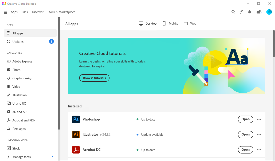 Adobe Creative Cloud Desktop application. On the left side of the screen is the navigation bar, where we can access all the apps in Creative Cloud and check for updates. The main section of the screen currently shows a list of installed applications.