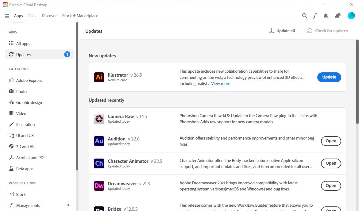 Adobe Creative Cloud desktop app showing the Updates list, indicating that Illustrator has an update that needs installing.