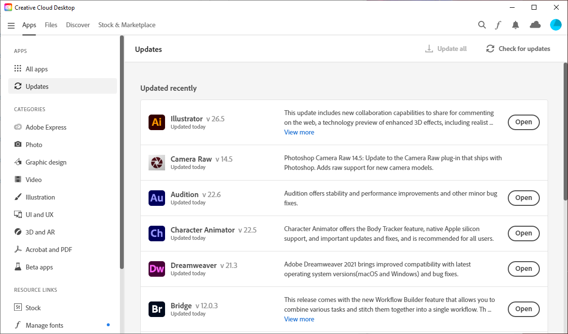 Adobe Creative Cloud desktop app displaying the list of recently updated apps. Illustrator is at the top of this list, as it is the most recently updated app.