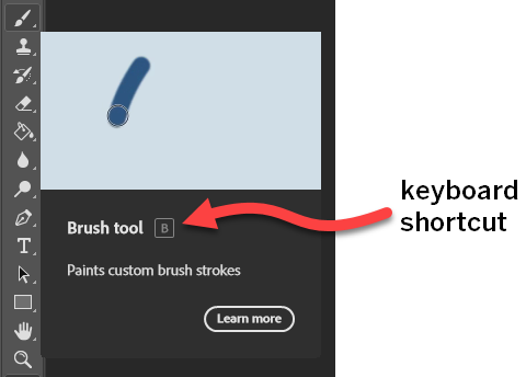 Tooltip for the Brush tool, with a graphic demonstrating what the tool does at the top of the tooltip. Underneath the graphic is the text Brush Tool, with the letter B in a square indicating the keyboard shortcut for the Brush tool.