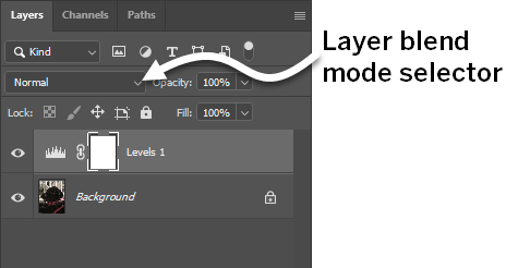 Top half of the Layers panel, with an arrow pointing to the layer blend mode drop-down menu.