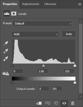 Properties panel, displaying the properties for the Levels adjustment.