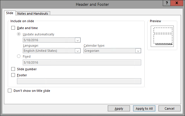 the Header and Footer dialog box