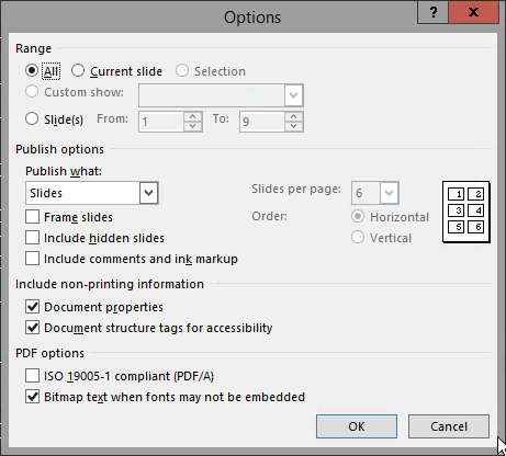 The options dialog box