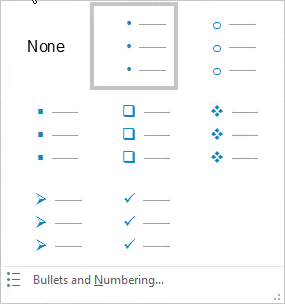 Image of the Bullets and Numbering drop-down menu