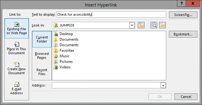 the Insert hyperlink dialog box
