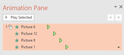 the Animation Pane is shown with Picture 6, Picture 12, Picture 8, and then Picture 1 listed. After each of the picture labels, there is a green triangle which shows when the animation begins. The green triangles are arranged so that the animation on Picture 6 starts first, the animation on Picture 12 starts second, the animation on Picture 8 starts third, and the animation on Picture 1 starts last.