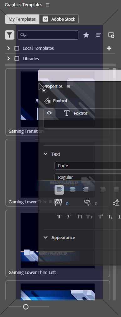 Right panel dock displaying the Graphics Templates panel, with the Properties panel displaying over the top of the Graphics Templates panel at 50% opacity. Image further described in following paragraph. 