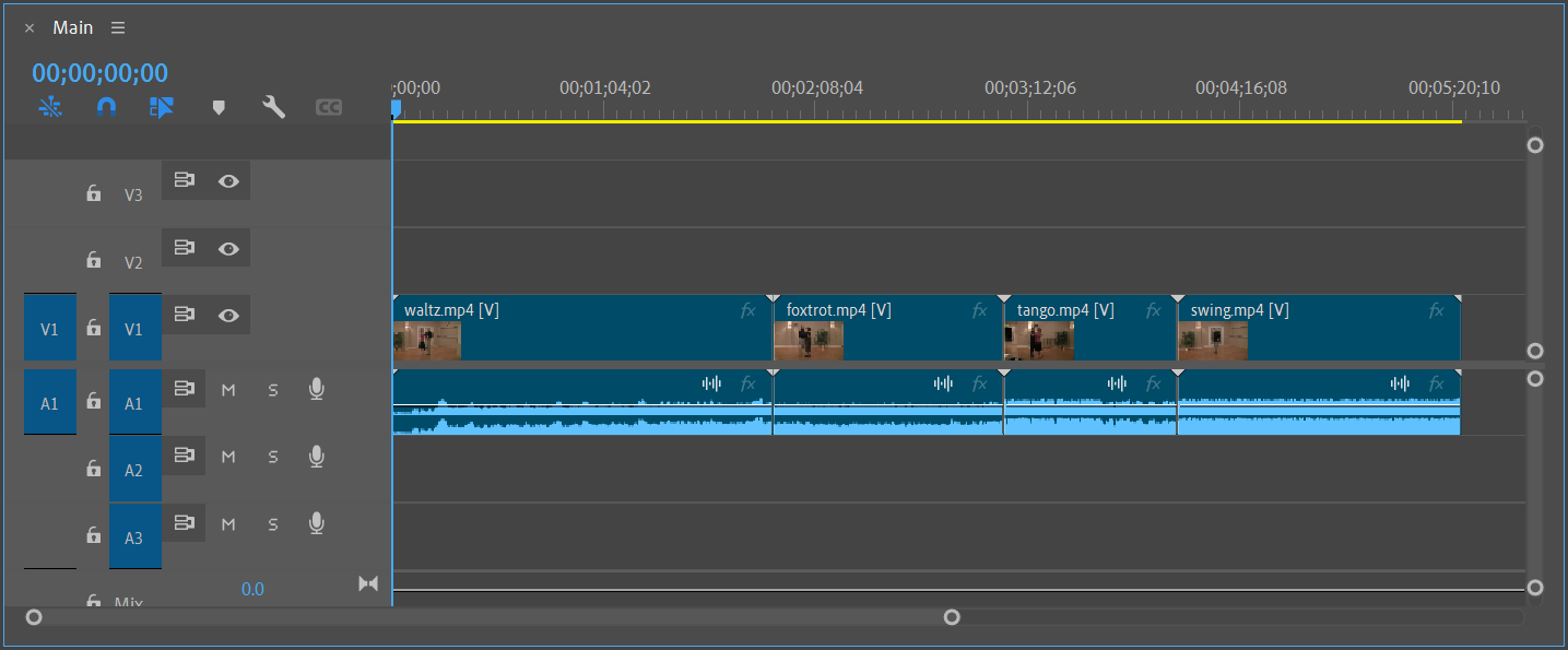 Timeline panel with the Main sequence active. The clips waltz.mp4, foxtrot.mp4, tango.mp4, and swing.mp4 have been added to the sequence, and display on the Video 1 and Audio 1 tracks. 