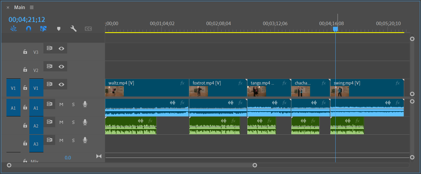 Timeline panel, with video clips waltz.mp4, foxtrot.mp4, tango.mp4, chacha.mp4, and swing.mp4 on the Video 1 and Audio 1 tracks. On the Audio 2 track, there are five audio clips visible, one for each of the video clips. The audio clips are lined up so they start at the same time as the corresponding video clip.