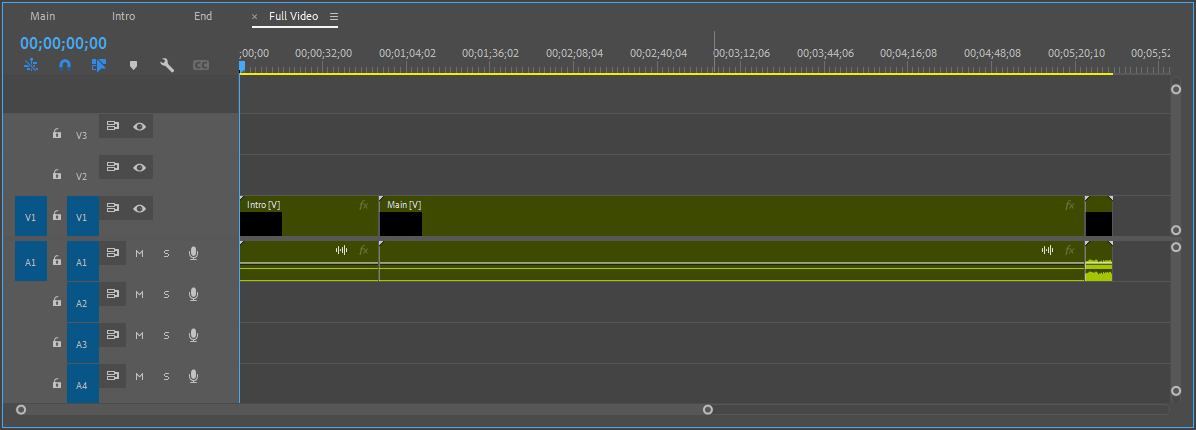 Timeline panel showing the Full Video sequence, with the sequences Intro, Main, and End visible on the timeline.