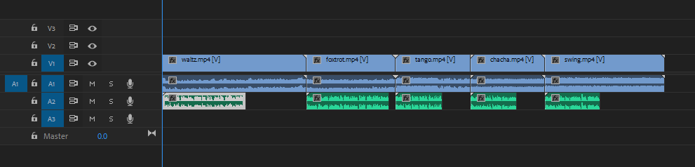 Timeline showing the newly added audio clips underneath their corresponding video clips.