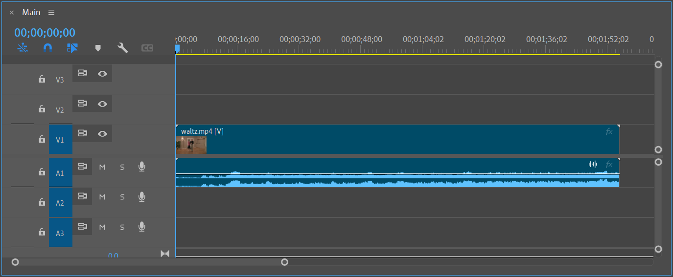 Timeline panel with the Main sequence active. The waltz.mp4 clip is visible on the timeline.